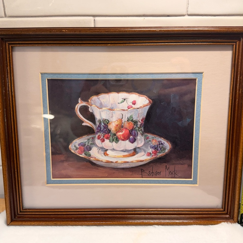 Set of 2! Framed Still Life Watercolor of Floral Fruit Teacup